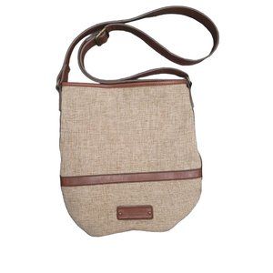 Lucky Brand Purse Tan Brown Natural Linen Leather Bucket Hobo Shoulder Bag